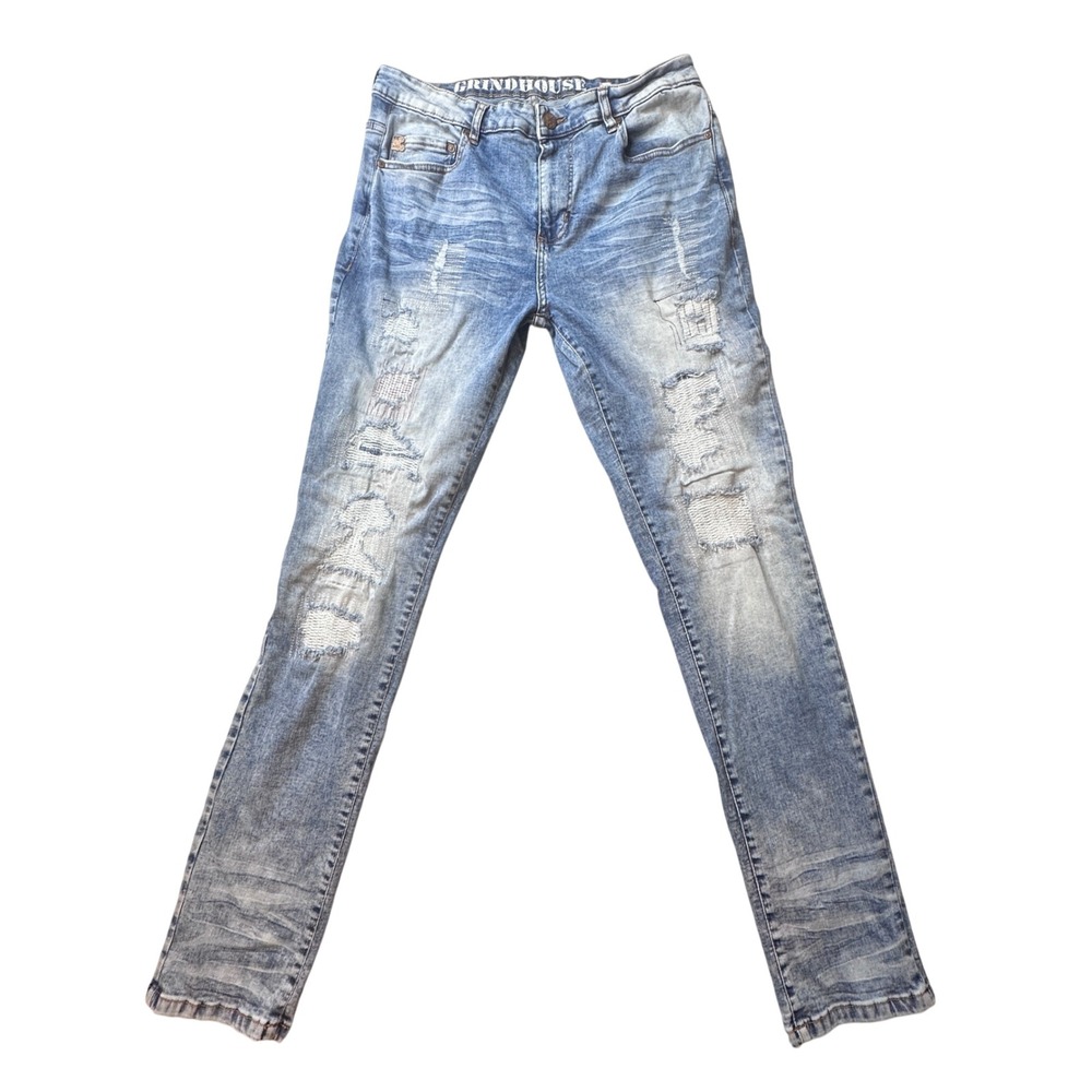 Grindhouse Jeans Mens 36 (33x32) Blue‎ Distressed Slim Fit Ripped Streetwear